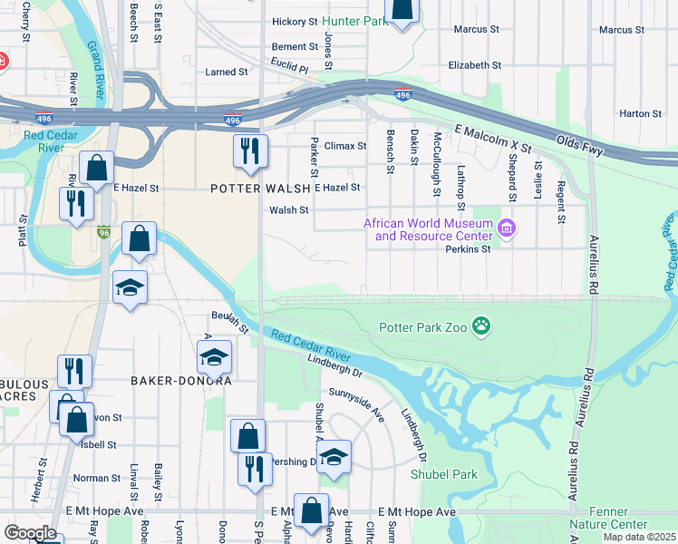 map of restaurants, bars, coffee shops, grocery stores, and more near 1232 Haco Drive in Lansing