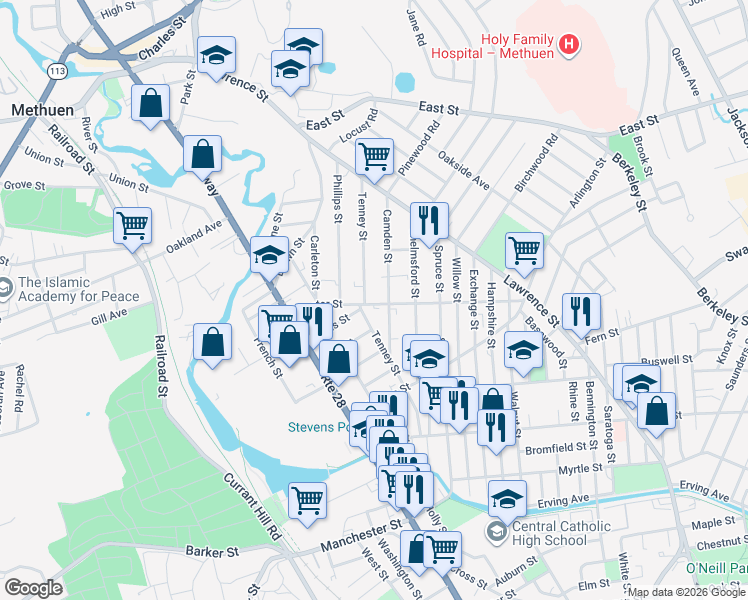 map of restaurants, bars, coffee shops, grocery stores, and more near 34 Center Street in Methuen