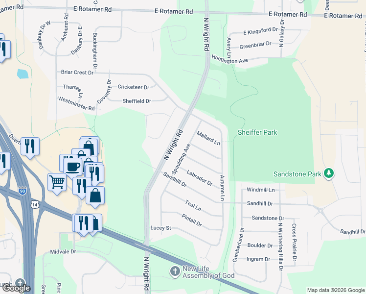 map of restaurants, bars, coffee shops, grocery stores, and more near 3099 Spaulding Avenue in Janesville