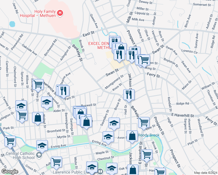 map of restaurants, bars, coffee shops, grocery stores, and more near 7 Montgomery Street in Lawrence