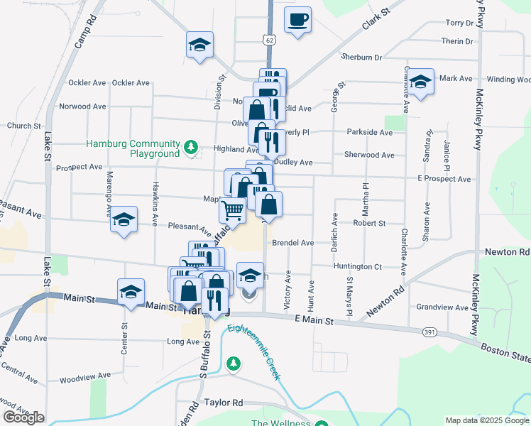 map of restaurants, bars, coffee shops, grocery stores, and more near 160 Pine Street in Hamburg