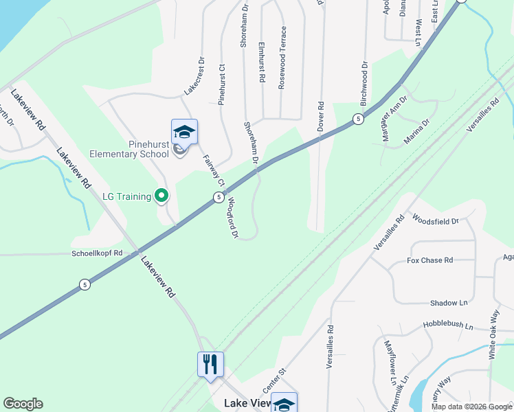 map of restaurants, bars, coffee shops, grocery stores, and more near 6097 Woodford Drive in Lake View