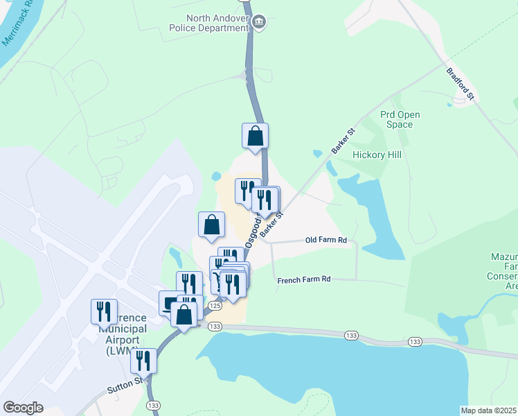 map of restaurants, bars, coffee shops, grocery stores, and more near 1254 Osgood Street in North Andover