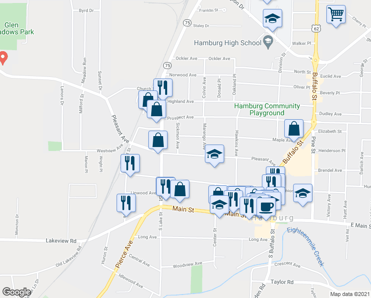map of restaurants, bars, coffee shops, grocery stores, and more near 223 Pleasant Avenue in Hamburg