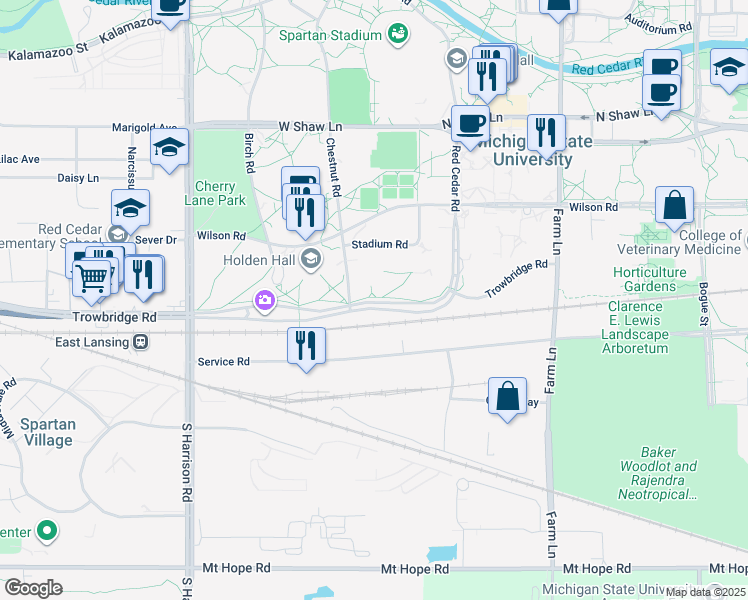 map of restaurants, bars, coffee shops, grocery stores, and more near 220 Trowbridge Road in East Lansing