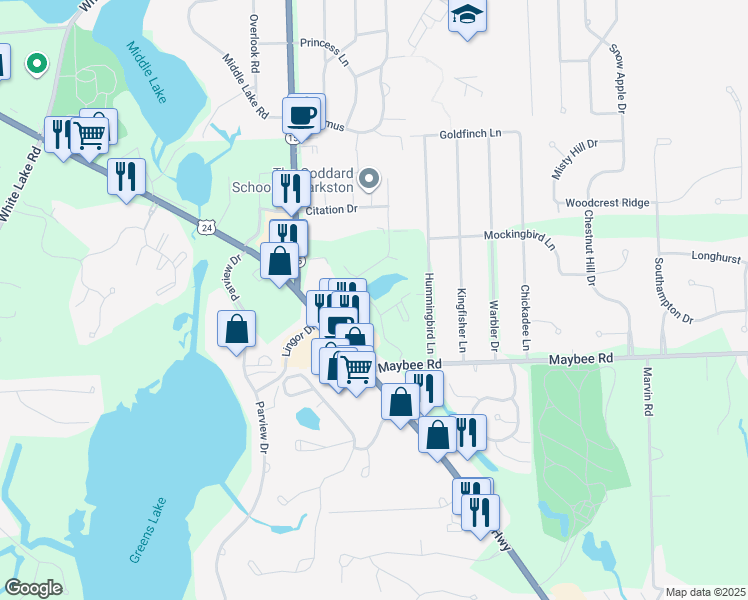 map of restaurants, bars, coffee shops, grocery stores, and more near 6800 Trillium Village Drive in Village of Clarkston