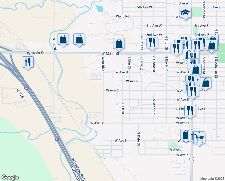 map of restaurants, bars, coffee shops, grocery stores, and more near 725 West Avenue D in Jerome