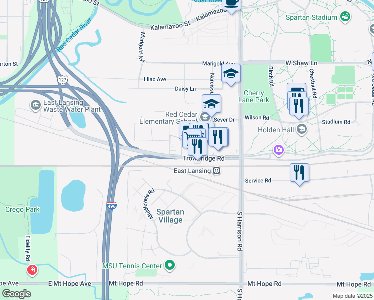 map of restaurants, bars, coffee shops, grocery stores, and more near 1090 Trowbridge Road in East Lansing