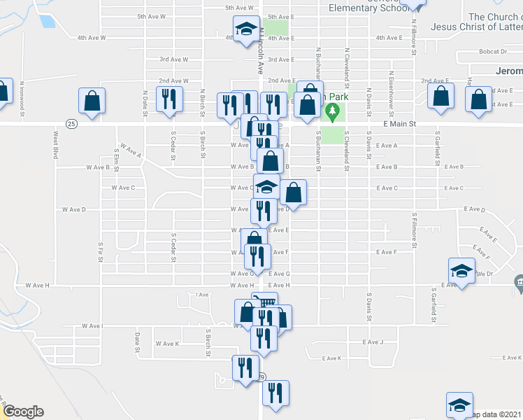map of restaurants, bars, coffee shops, grocery stores, and more near 500 South Lincoln Avenue in Jerome