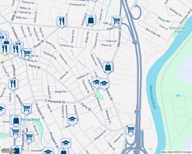 map of restaurants, bars, coffee shops, grocery stores, and more near 84 Leroy Avenue in Lawrence