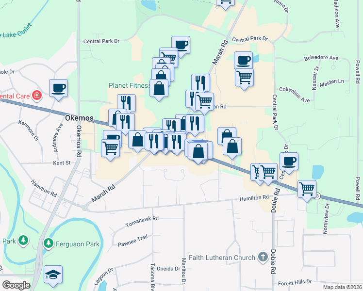 map of restaurants, bars, coffee shops, grocery stores, and more near 1930 West Grand River Avenue in Meridian charter Township
