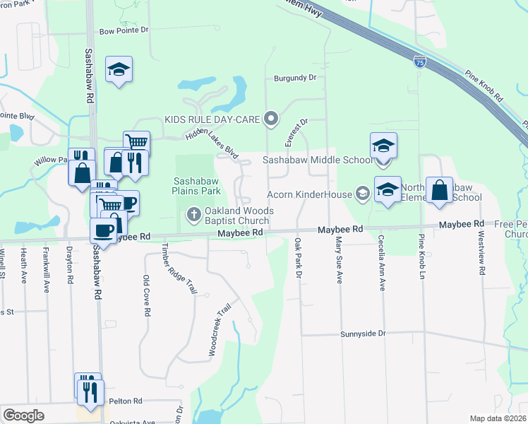 map of restaurants, bars, coffee shops, grocery stores, and more near 5553 Dvorak Street in Clarkston