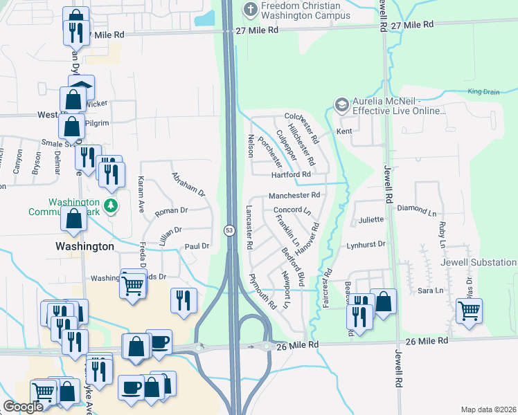 map of restaurants, bars, coffee shops, grocery stores, and more near 57828 Lancaster Road in Washington