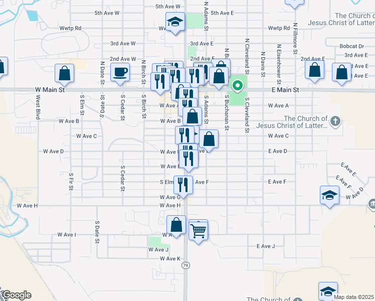 map of restaurants, bars, coffee shops, grocery stores, and more near 111 West Avenue D in Jerome