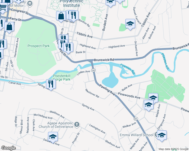 map of restaurants, bars, coffee shops, grocery stores, and more near 32 Pawling Avenue in Troy