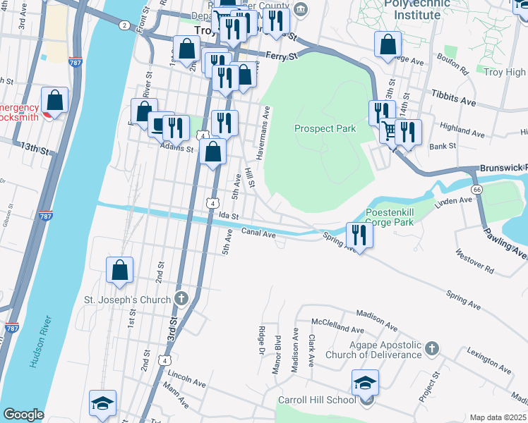 map of restaurants, bars, coffee shops, grocery stores, and more near 175 Hill Street in Troy