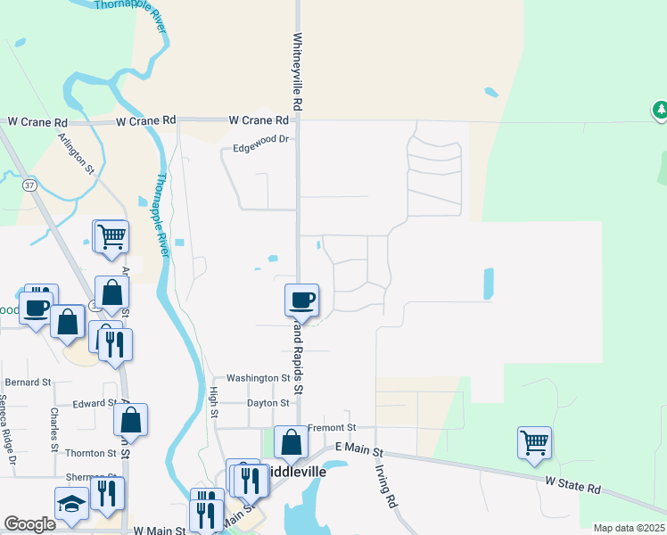 map of restaurants, bars, coffee shops, grocery stores, and more near 425 Cider Mill Drive in Middleville