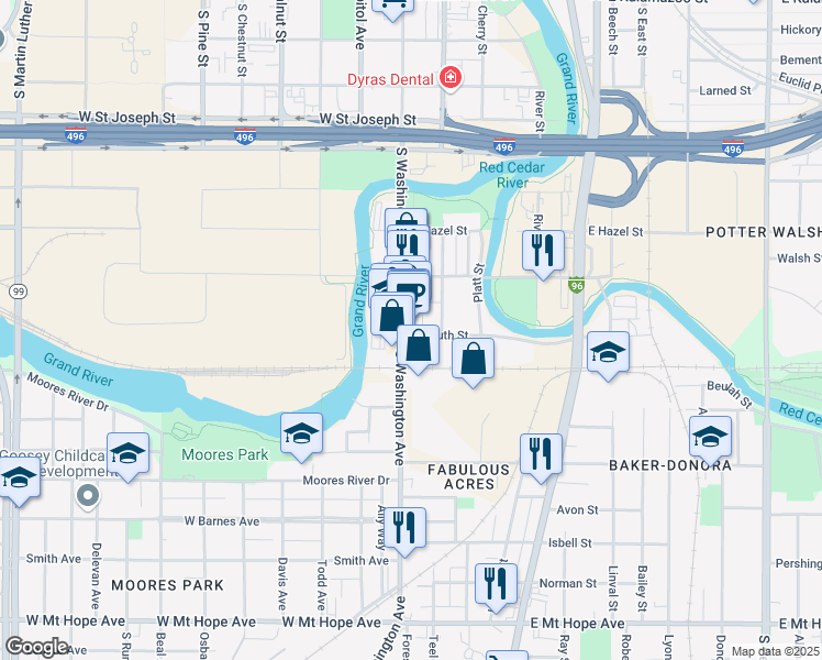 map of restaurants, bars, coffee shops, grocery stores, and more near 100 East South Street in Lansing
