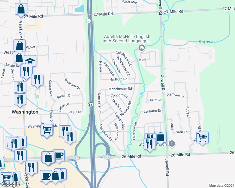 map of restaurants, bars, coffee shops, grocery stores, and more near 11183 Concord Lane in Washington