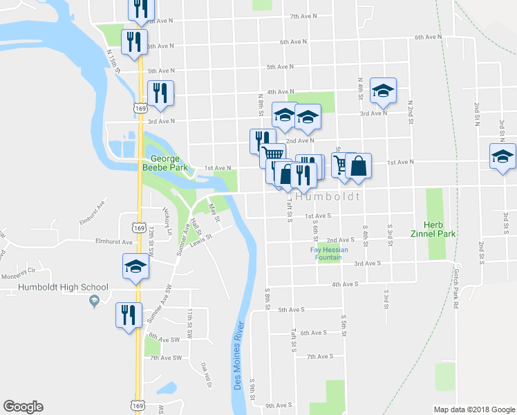 map of restaurants, bars, coffee shops, grocery stores, and more near 32 South 8th Street in Humboldt