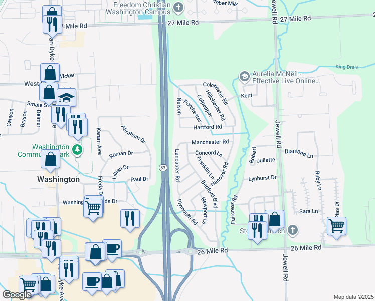 map of restaurants, bars, coffee shops, grocery stores, and more near 57895 Bedford Boulevard in Washington