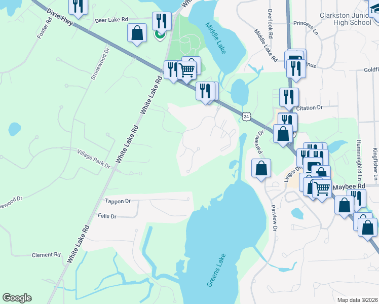 map of restaurants, bars, coffee shops, grocery stores, and more near 5545 Northcrest Village Drive in Clarkston