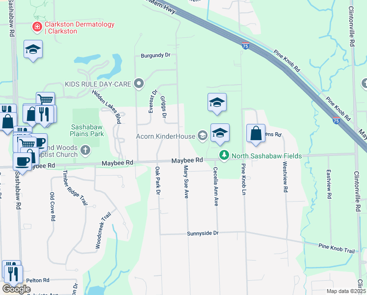 map of restaurants, bars, coffee shops, grocery stores, and more near 5480 Maybee Road in Clarkston