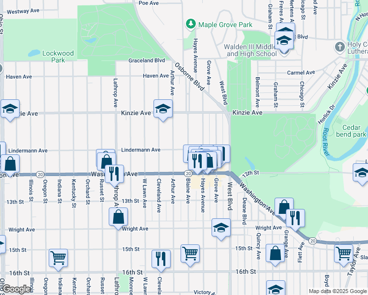 map of restaurants, bars, coffee shops, grocery stores, and more near 3411 Lindermann Avenue in Racine