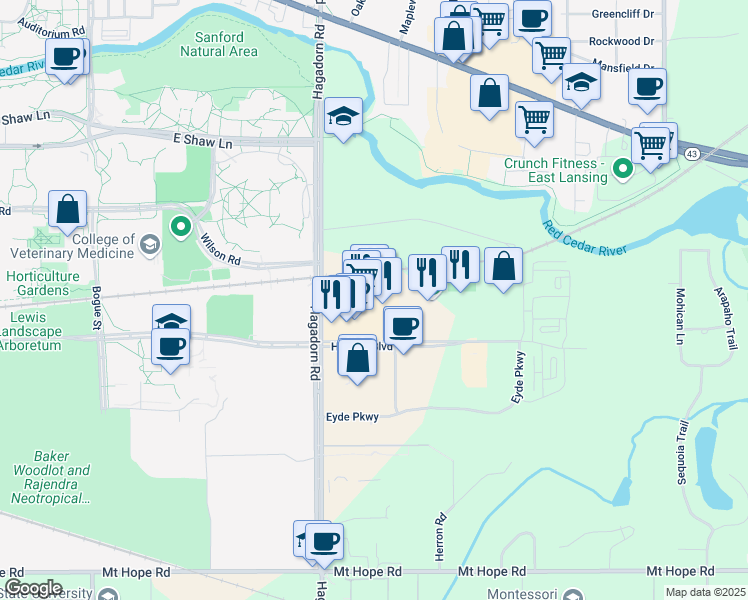 map of restaurants, bars, coffee shops, grocery stores, and more near 4790 Hagadorn Road in East Lansing