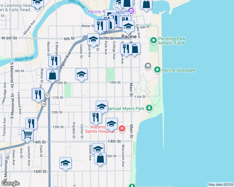 map of restaurants, bars, coffee shops, grocery stores, and more near 1101 College Avenue in Racine