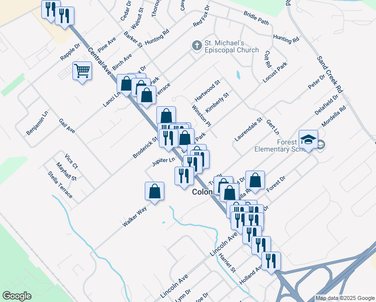 map of restaurants, bars, coffee shops, grocery stores, and more near 1 Locust Park in Colonie