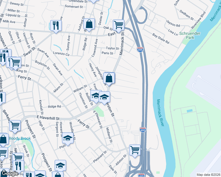 map of restaurants, bars, coffee shops, grocery stores, and more near 11 Hoffman Avenue in Lawrence