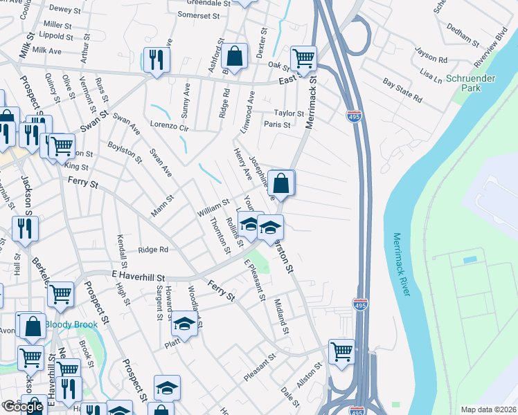 map of restaurants, bars, coffee shops, grocery stores, and more near 16 Young Avenue in Lawrence