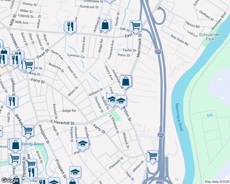 map of restaurants, bars, coffee shops, grocery stores, and more near 16 Young Avenue in Lawrence