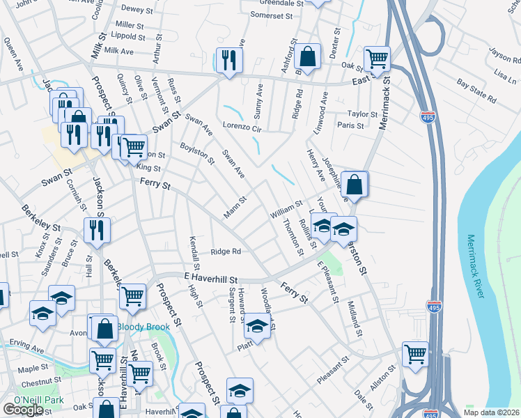 map of restaurants, bars, coffee shops, grocery stores, and more near 51 William Street in Lawrence