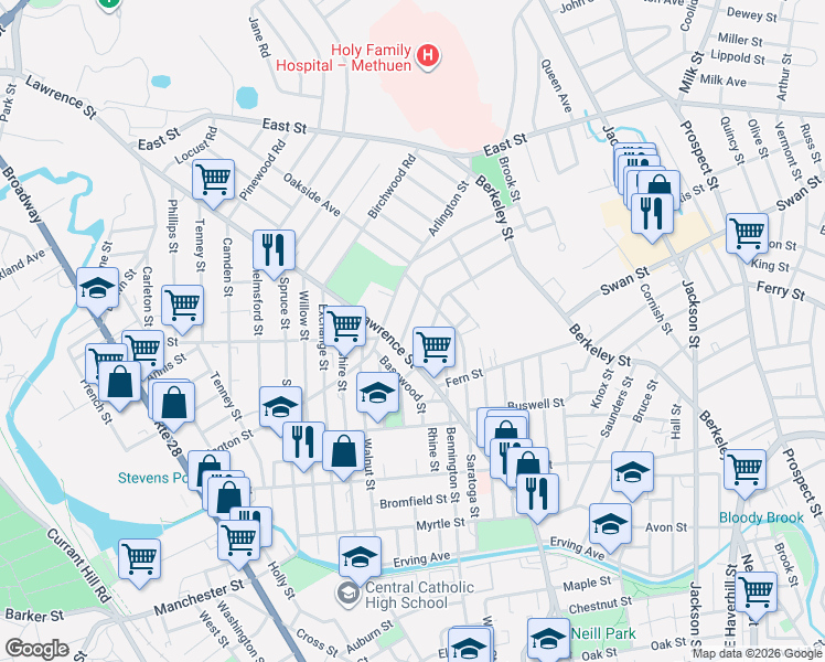 map of restaurants, bars, coffee shops, grocery stores, and more near 323 Lawrence Street in Lawrence