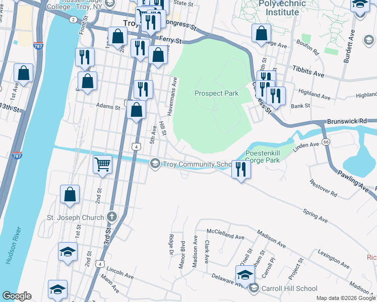 map of restaurants, bars, coffee shops, grocery stores, and more near 175 Hill Street in Troy