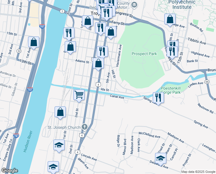 map of restaurants, bars, coffee shops, grocery stores, and more near 92 Ida Street in Troy