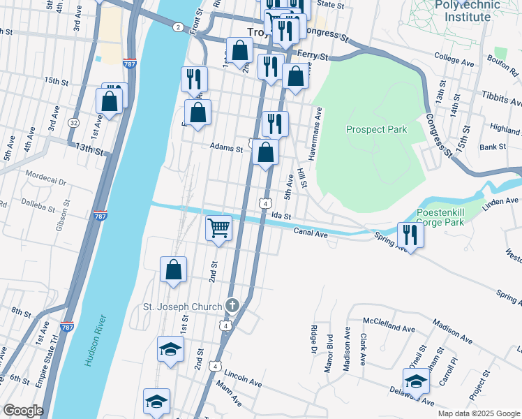 map of restaurants, bars, coffee shops, grocery stores, and more near 66 Ida Street in Troy