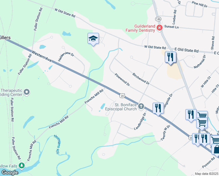 map of restaurants, bars, coffee shops, grocery stores, and more near Bavarian Way in Altamont