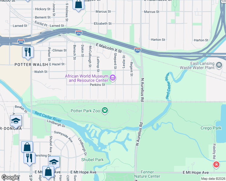 map of restaurants, bars, coffee shops, grocery stores, and more near 1234 Shepard Street in Lansing