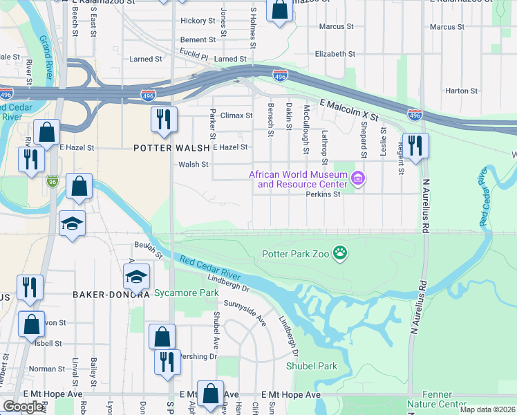 map of restaurants, bars, coffee shops, grocery stores, and more near 1229 South Holmes Street in Lansing
