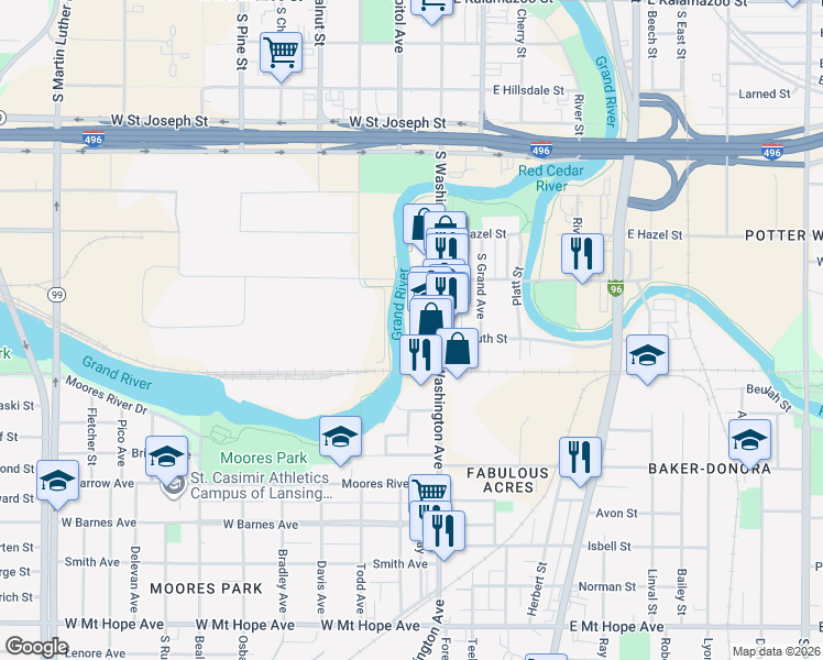 map of restaurants, bars, coffee shops, grocery stores, and more near 125 West South Street in Lansing