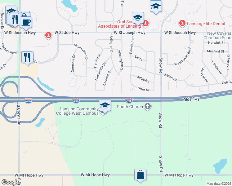 map of restaurants, bars, coffee shops, grocery stores, and more near 1206 Arlington Drive in Lansing