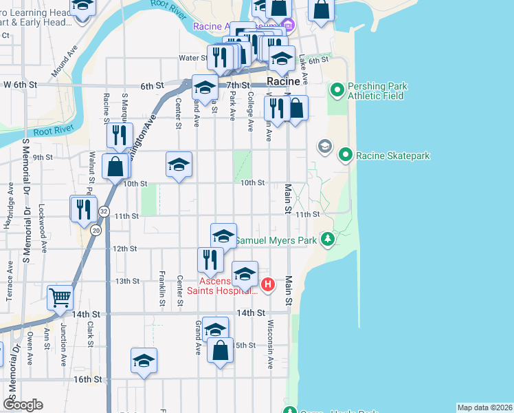 map of restaurants, bars, coffee shops, grocery stores, and more near 1101 College Avenue in Racine