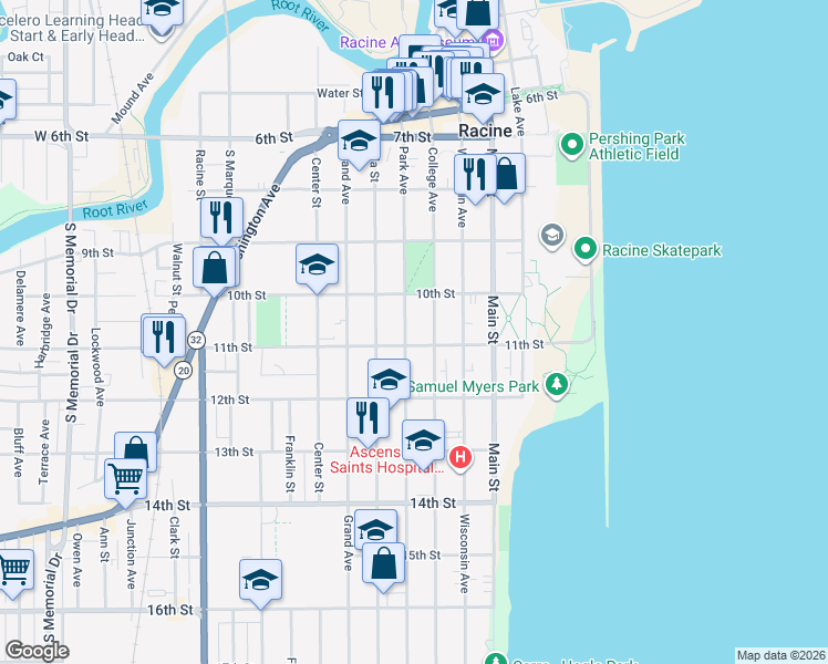 map of restaurants, bars, coffee shops, grocery stores, and more near 424 11th Street in Racine