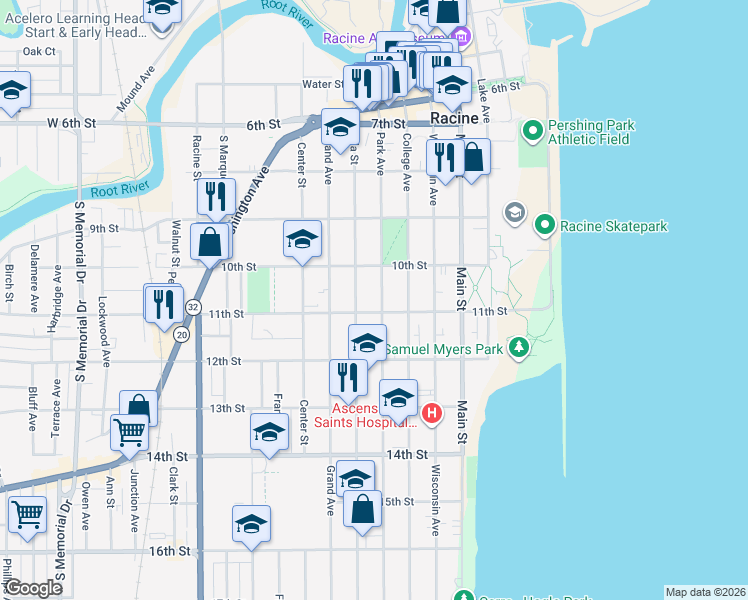 map of restaurants, bars, coffee shops, grocery stores, and more near 424 11th Street in Racine