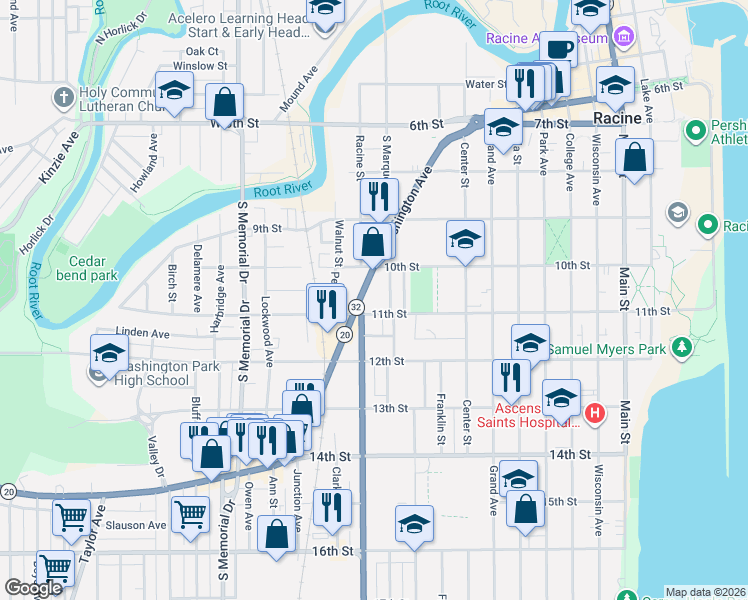 map of restaurants, bars, coffee shops, grocery stores, and more near 1101 Racine Street in Racine