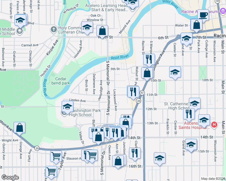 map of restaurants, bars, coffee shops, grocery stores, and more near 1046 Lockwood Avenue in Racine
