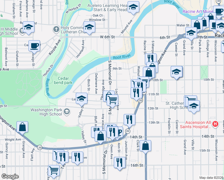 map of restaurants, bars, coffee shops, grocery stores, and more near 1046 Lockwood Avenue in Racine
